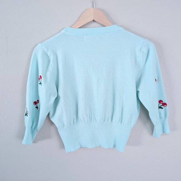Red Blue Embroidered Cherry Pattern Cropped Cardigan Twee Coquette Dollette Sz M - Picture 3 of 8